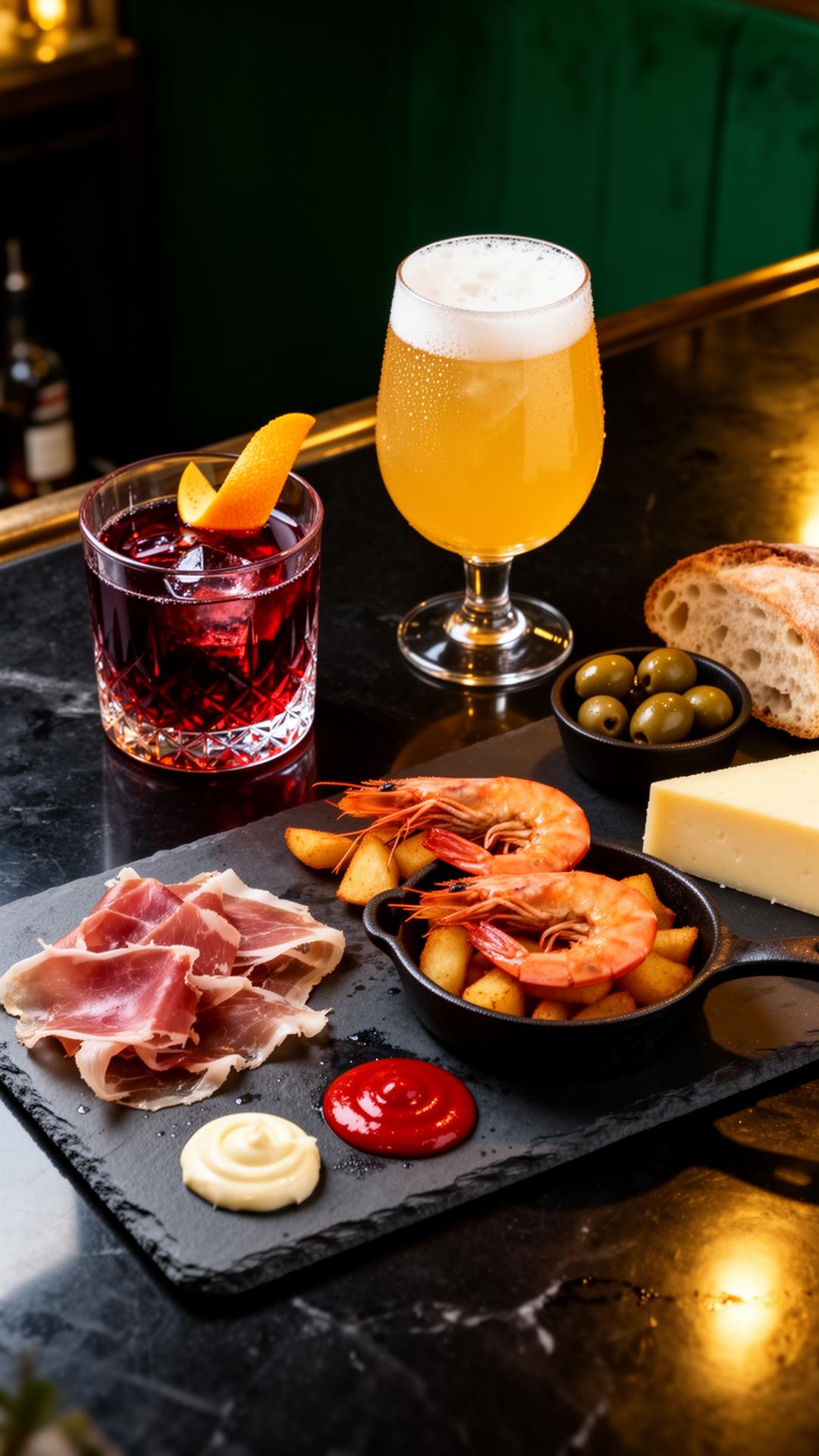 Spanische Tapas mit handgefertigten Cocktails auf dunklem Bartisch